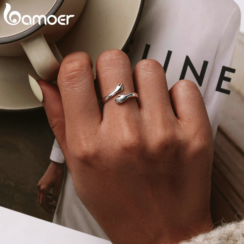 Bamoer 925 srebrne przytulanie ciepła i miłość ręcznie regulowany pierścionek do biżuterii damskiej, jego wielki kochający uścisk 3 kolory