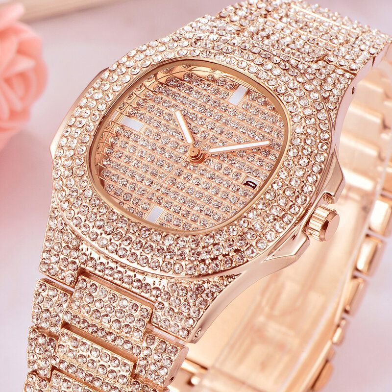 Relógio de pulso masculino e feminino de aço inoxidável, relógio de gelo estilo hip hop com brilhantes e diamantes, exclusivo para casais