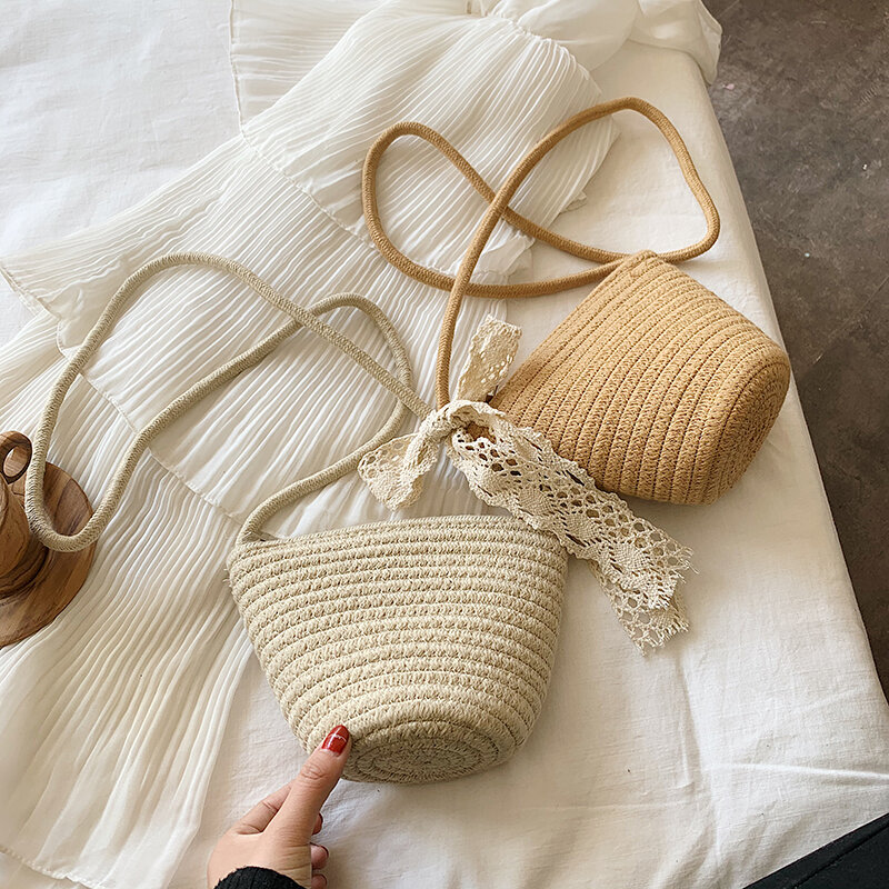 2020 여름 패션 해변 여행 밀짚 가방 직조 크로스 바디 버킷 가방 빈티지 핸드백 숙녀 어깨 메신저 가방
