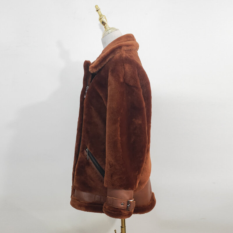 여성용 클래식 봄버 재킷, 따뜻한 패션 시어링 코트, 양가죽 재킷, 전체 캐러멜 양가죽 코트, 70cm 길이, 가을 겨울
