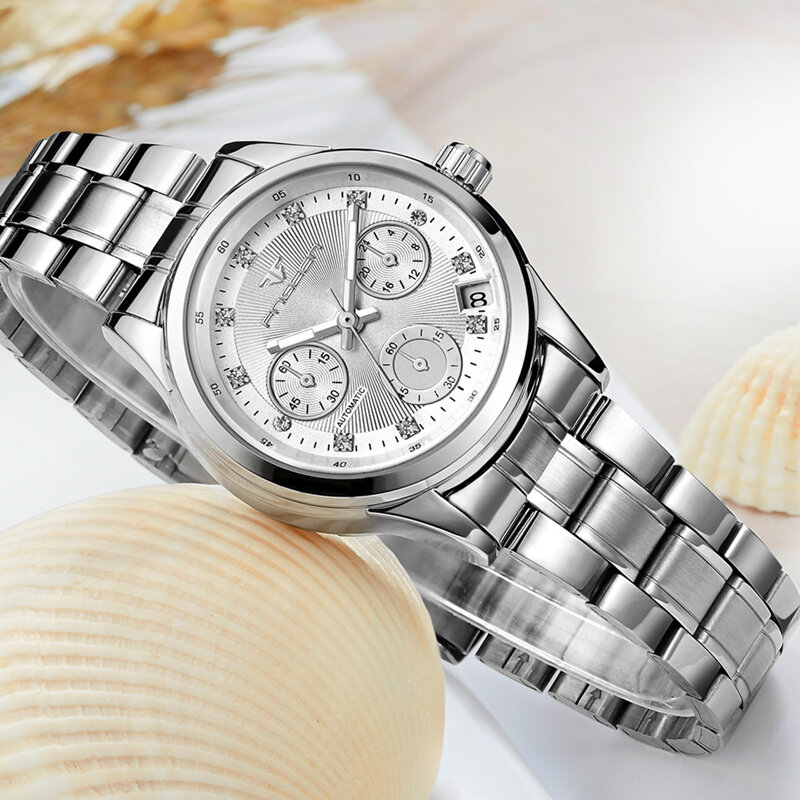 Fngeen 럭셔리 여성 시계 스테인레스 다이아몬드 다이얼 자동 날짜 자동 기계식 시계 핑크 우아한 여성 시계 reloj mujer