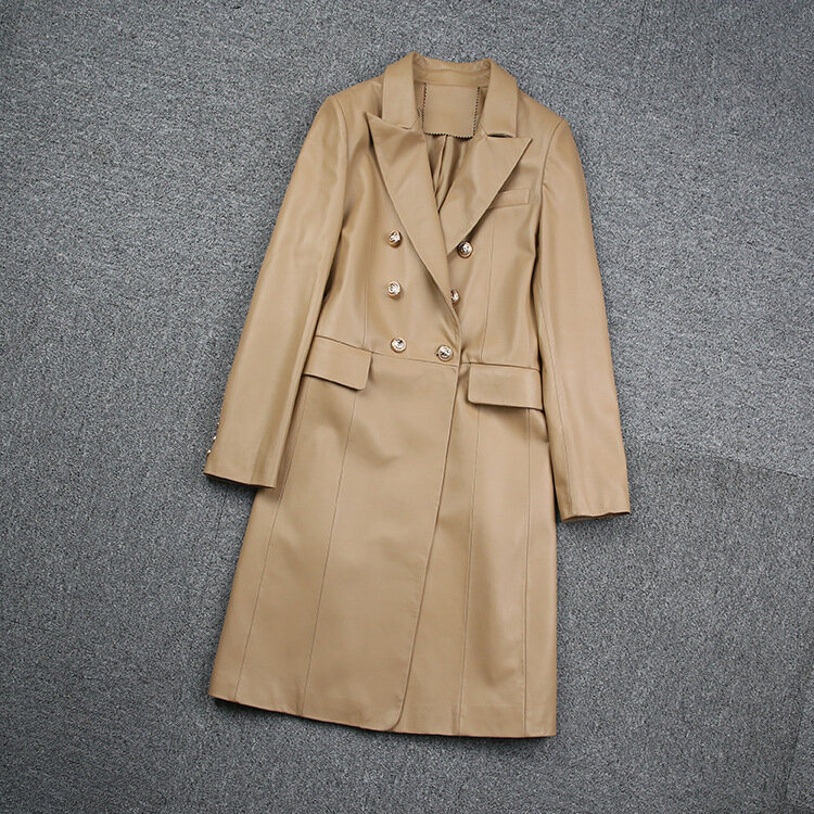 공장 새로운 도착 여성 패션 긴 정품 가죽 더블 브레스트 슬림 스포츠 용 재킷