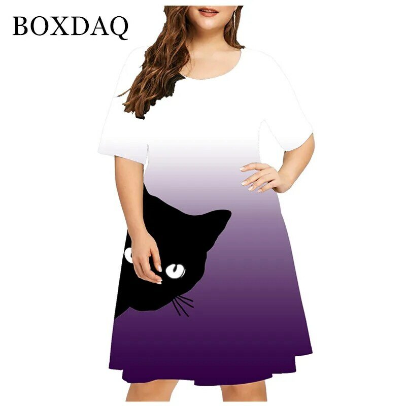 New 2021 Summer Women Cute Cat Print Dress Casual Short Sleeve Ladies Mini Dress Street Fashion Plus Size Women Clothing 4XL