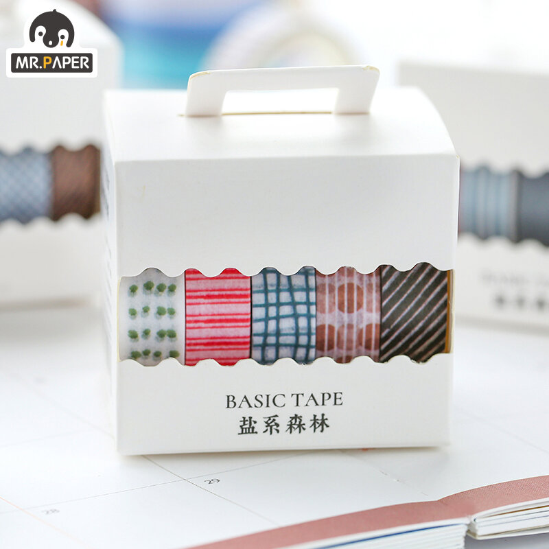 Mr.Paper-Cinta adhesiva Washi Tape, serie Salt Forest, manchas de Color, regla de corte, 5 unids/caja, 8 diseños