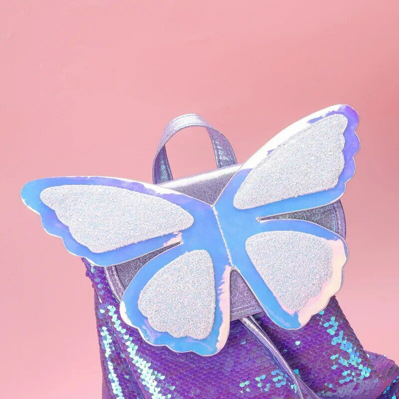 Moda de viagem dos desenhos animados holograma lantejoulas adolescente meninas borboleta drawstring mochila ombro mochila escolar daypack