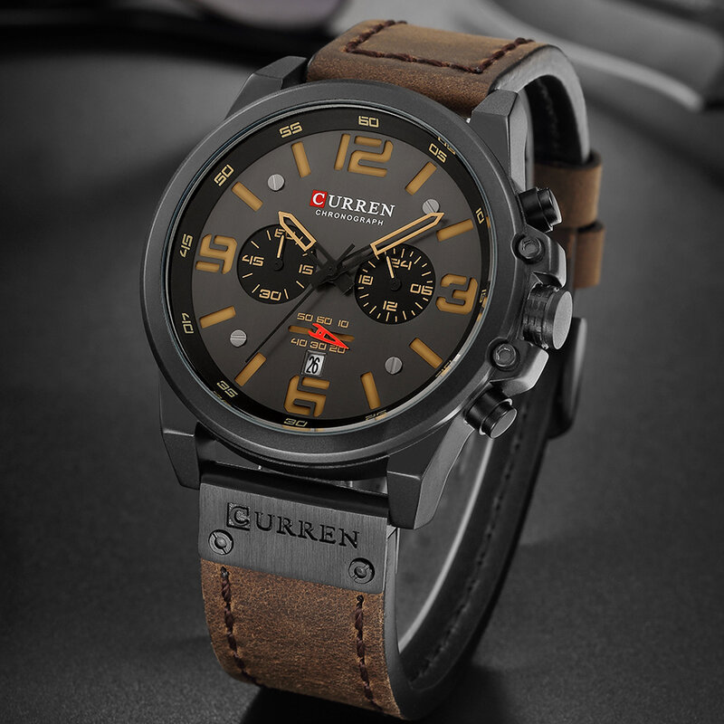 CURREN-Relógio de quartzo de couro genuíno impermeável masculino, relógio de pulso, cronógrafo, militar, esporte, marca de luxo
