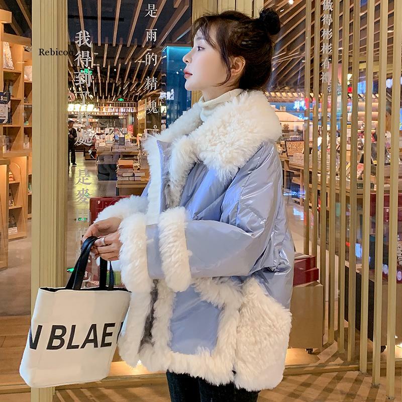 여자의 파카 고품질 두꺼운 따뜻한 패딩 코트 패션 광택 스플 라이스 Lambswool 겨울 자켓 여성