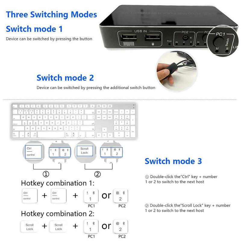 Przełącznik KVM HDMI 2 Port Box, UHD 4K (3840x2160) i 1080P 3 tryby przełączania obsługiwane, 3 USB 2.0 Hub na klawiatura z myszką drukarki szt