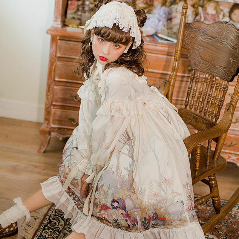 Victorian Vintage Lolita Jsk Dress Cute Print Women Kawaii Bow Ruffles Princess Dresses Girls Fairy Harajuku Party Mini Dress