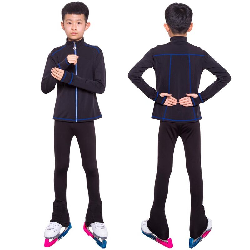 Roupas masculinas para patinação artística, vestuário para show de manga longa com listras azuis e pretos