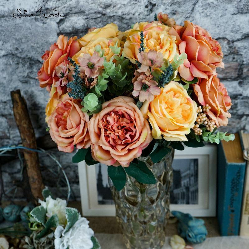 SunMade-ramo de rosas grandes de lujo, 12 cabezas, Flores de seda, decoración del hogar, Decoración de mesa de boda, decoraciones Artificiales de otoño