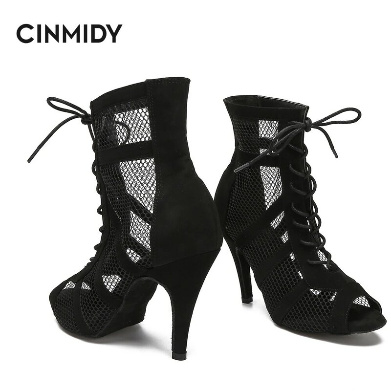 Женские танцевальные ботинки CINMIDY, Обувь для бальных танцев, джаза, танго, румбы, самбы, дышащие кроссовки на высоком каблуке для вечеринки