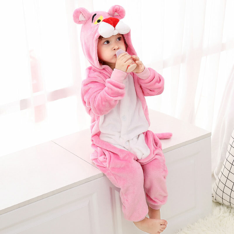 Leuke Roze Kigurumis Panther Onesie Kid Jongen Meisje Pyjama Animal Nachtkleding Grappige Jumpsuit Winter Warm Flanel Overalls Party Outfit