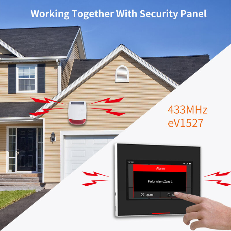 433Mhz High Decibel Outdoor Solar Wireless Siren Loudspeaker Waterproof Strobe For Smart Home Security Burglar Alarm System