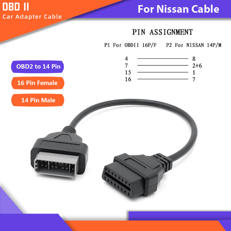 OBD2 Cable Adapter For Nissan 14 Pin to OBD OBDII 16 Pin Female Diagnostic Cable Connector