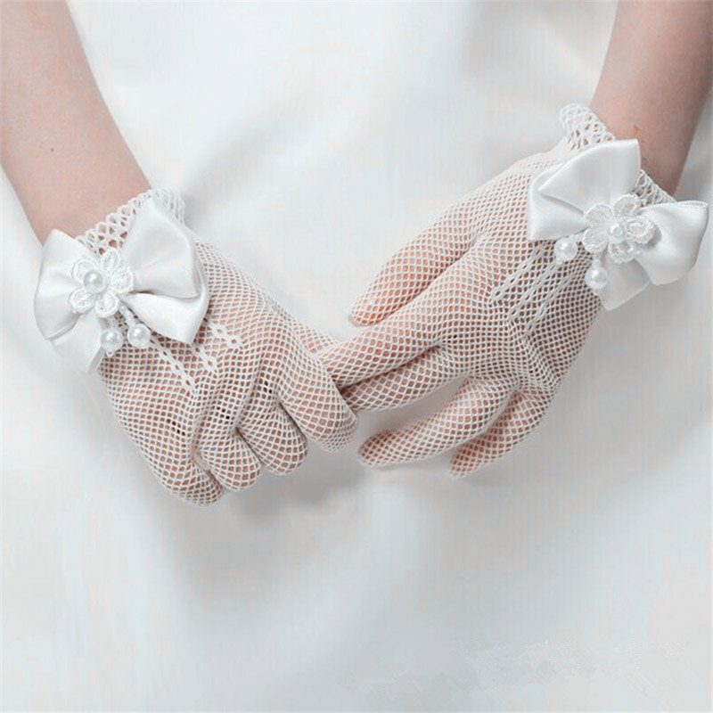 Перчатки для девочек на свадьбу, вечеринку, детские украшения для церемонии, аксессуары, перчатки принцессы, эластичные сетчатые перчатки с бантом и жемчугом для выступлений