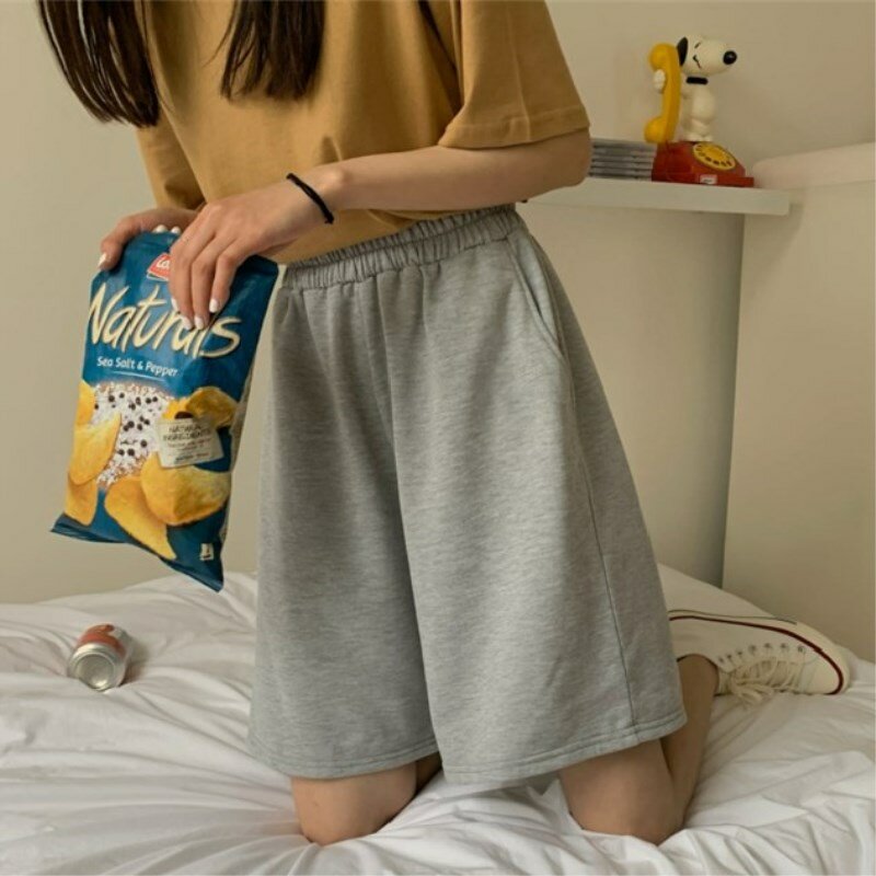 2021กางเกงขาสั้นฤดูร้อนผู้หญิงความยืดหยุ่นน่ารักสาวเกาหลีสไตล์นักเรียน Harajuku ง่ายสีเทา Oversize กางเกงหญิง