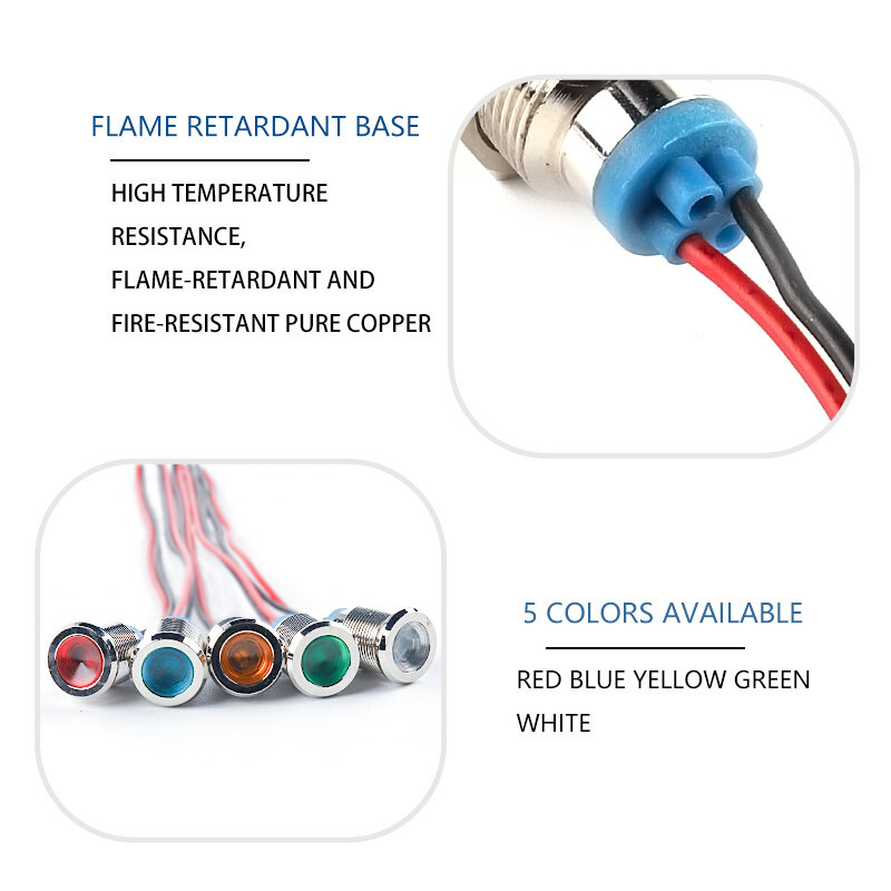 Luz indicadora impermeável do metal, lâmpada de sinal com fio, vermelho, amarelo, azul, verde, branco, 8mm, 3V, 6V, 12V, 24V, 110V, 220V