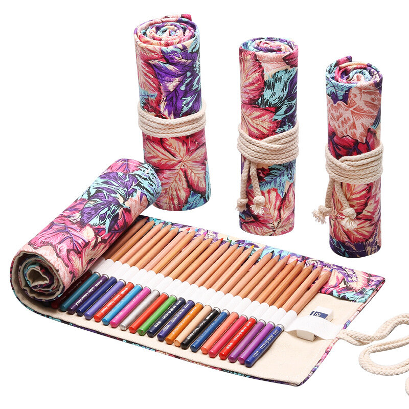 Estuche de lápices de hoja de arce de Color para estudiantes, bolsa de lápices enrollable de hojas, Cartucho de papelería grande, 12/24/36/48/72 agujeros