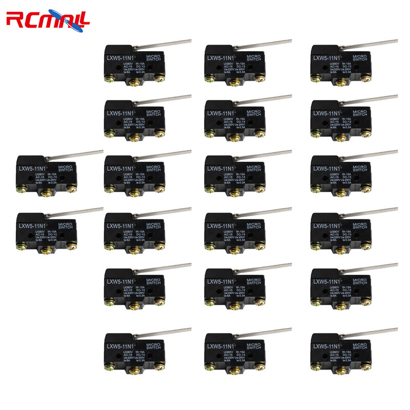 RCmall 20 piezas LXW5-11N 1 Interruptor de Límite Micro 1NO + 1NC palanca de bisagra larga brazo SPDT DE ACCIÓN DE INTERRUPTOR