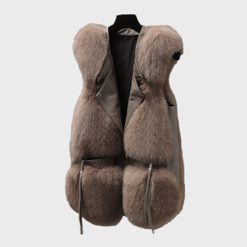Chaleco corto de piel sintética para mujer, chaqueta cálida sin mangas, de lujo, de zorro de imitación, para invierno