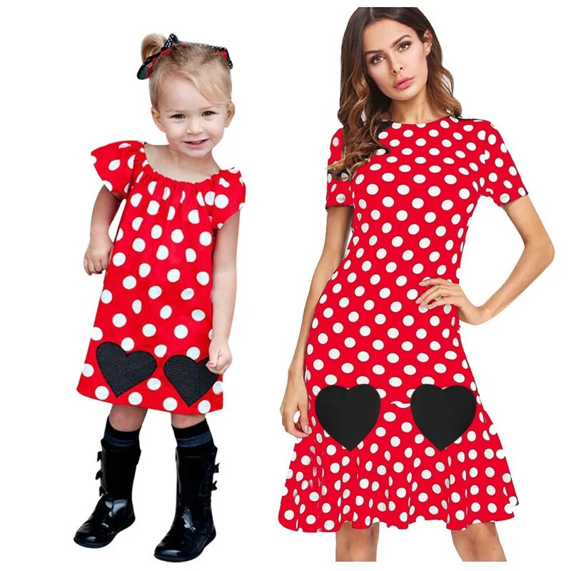 Mother daughter dress dot print short sleeve dresses mum and baby summer dress women and girls matching outfits