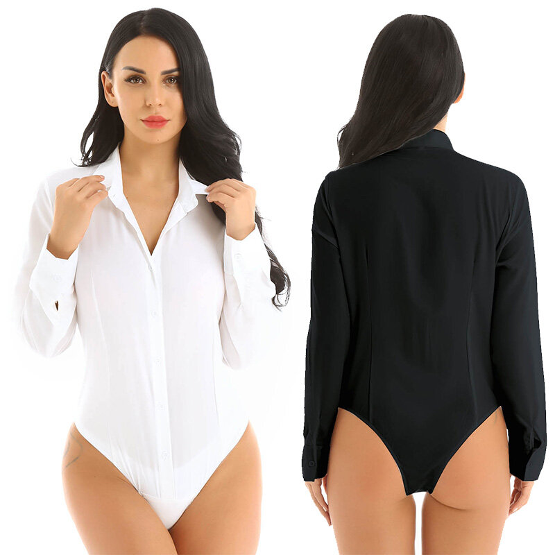 Women Bodysuits Pajamas Summer One-Piece Solid Color Turn-down Collar Long Sleeve Jumpsuit Shirt Underwear Female Casual Clothes