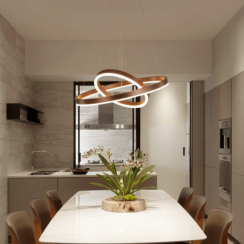 Nowy luksusowy żyrandol Led oświetlenie domu aluminium szczotkowane pierścienie złota i kawy lampy wiszące do salonu stół sypialnia