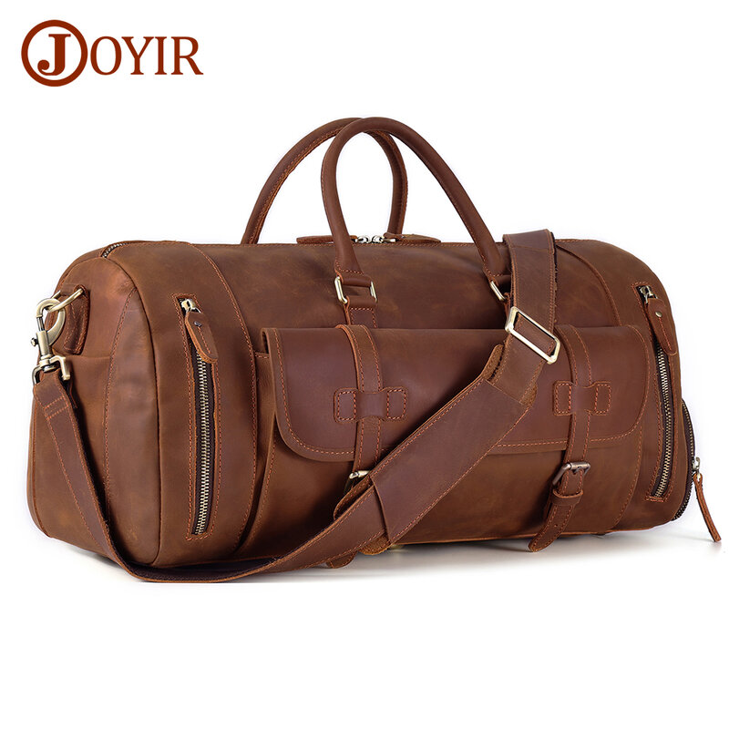 JOYIR-Bolso de lona de cuero genuino para hombre, bolsa de hombro de gran capacidad para equipaje de viaje, para fin de semana, para gimnasio y Deportes