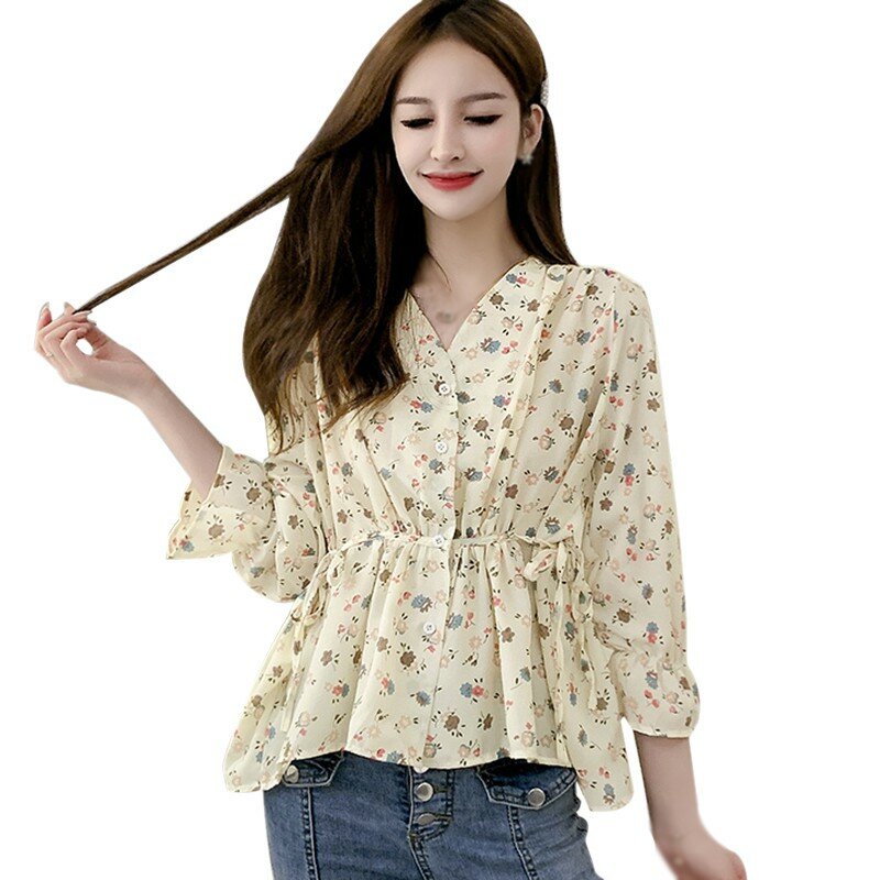 Frauen V-ausschnitt Chiffon Langarm-shirt Koreanische Stil Damen Floral Print Sommer Süße Blusen 2020