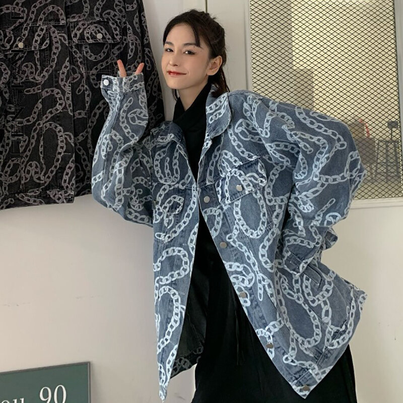 2021 nova streetwear corrente azul denim jaqueta feminina outono lapela tamanho grande único breasted manga longa casaco feminino