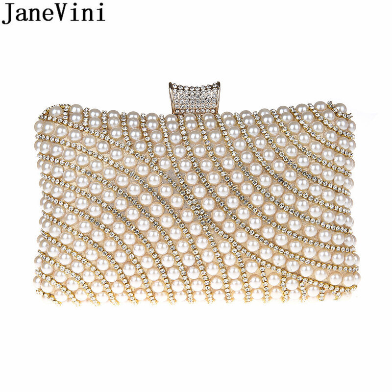 JaneVini Designer Pearls Ladies Clutch Bag Women Evening Party Purse Luxury Bling Rhinestone Gold Black Bridal Bead Evening Bags