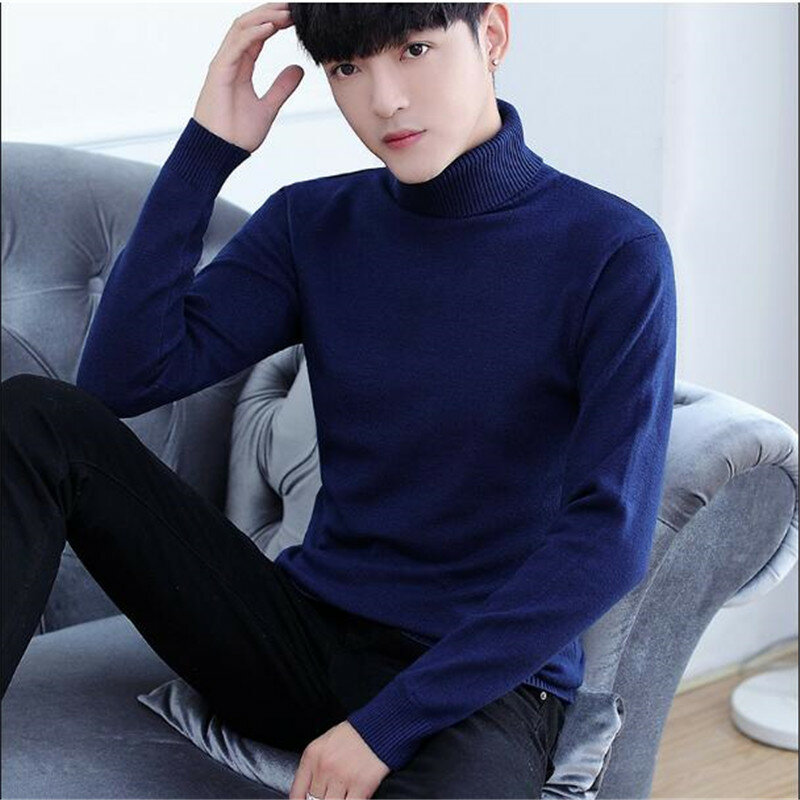 2019 New Autumn Winter Men's Sweater Turtleneck Solid Color Casual Sweater Male Double Collar Slim Fit Brand Knitted Pullovers
