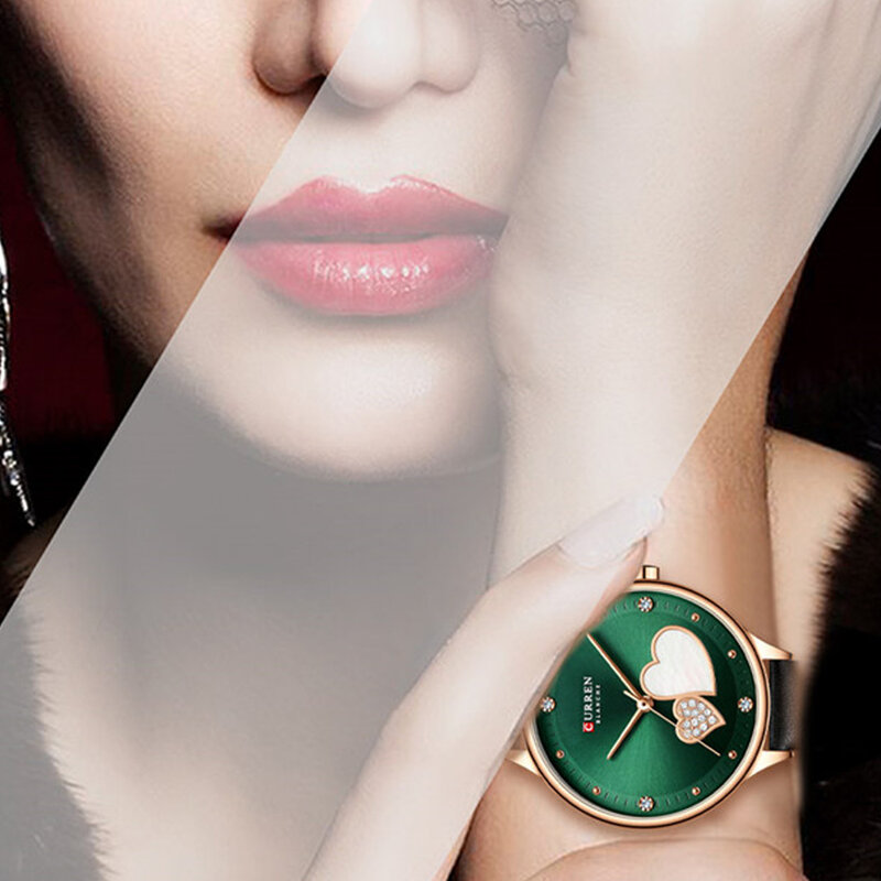 CURREN-Reloj de pulsera de cuarzo y cuero para mujer, cronógrafo de color oro rosa y cristal brillante, color verde, a la moda, 2022