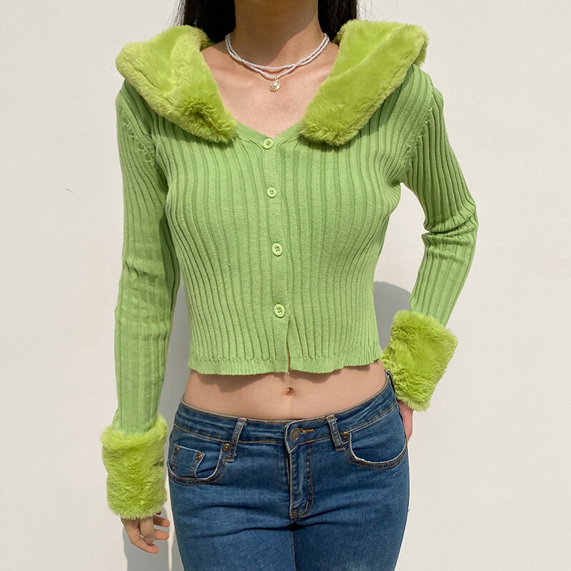 SUCHCUTE-스트리트웨어 패션 여성 카디건 스웨터, 모피 트림 칼라 한국 스타일 캐주얼 여성 크롭 스웨터 니트, 2020