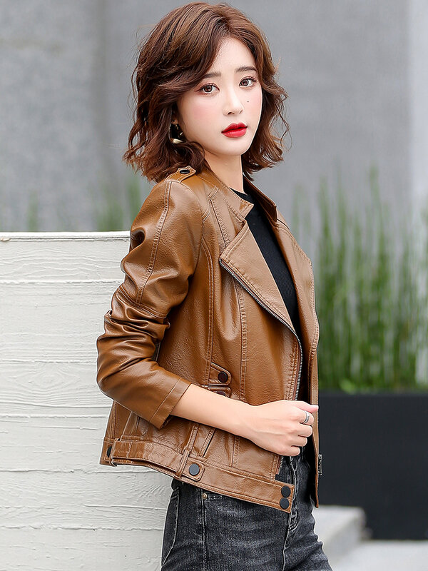 M-5XL New Women Leather Jacket Spring 2024 Fashion Solid Color Slim Short Sheepskin Coat Moto&Biker Style Tops Outerwear Female