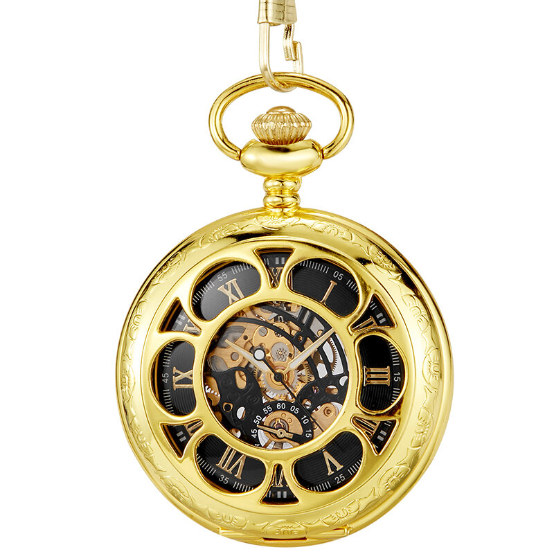 Bronzen Mechanische Hand Wind Pocket Horloges Romeinse Cijferskelet Mechanische Flip Horloge Heren Klok Met Fob Ketting Geschenkdoos