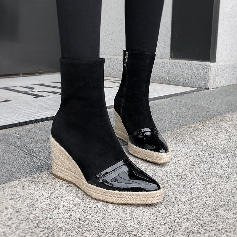الشتاء النساء حذاء من الجلد منصة إسفين الكعوب الجوارب الإناث عالية الكعب الخريف حذاء من دون كعب للسيدات حجم كبير Chaussure فام