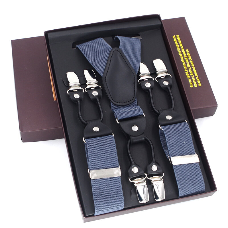 Suspensórios de couro preto com 6 clipes, modelo novo suspensório casual vintage para calças estilo vintage