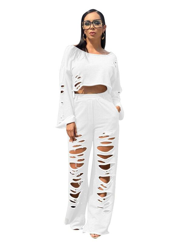 Adogirl Hole Hollow Out Women Set Long Sleeve Tops Ripped Flared Pants Two Pieces Set Cotton Solid Tracksuits Fitness Outfits