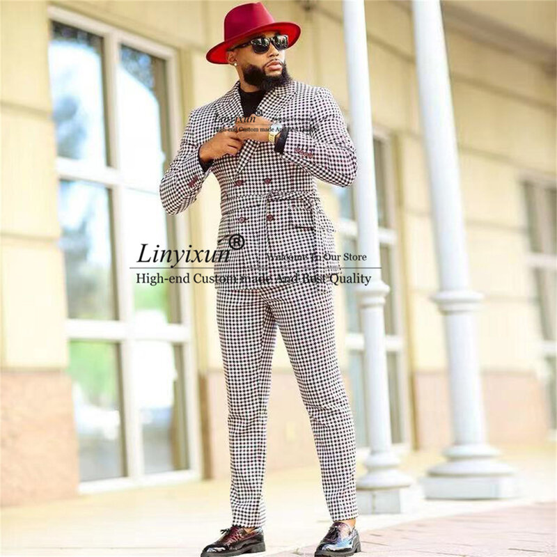 Modern Checkered Men Suit for Wedding Double Breasted Slim Fit 2 Pieces Plaid Best Man Blazer Fashion Prom Party ensembles homme