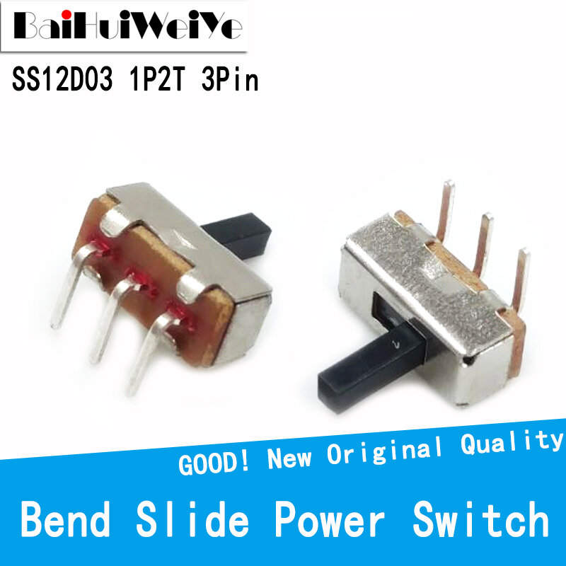 50 Buah SS12D03 On / Off Toggle Power Amplifier 1P2T Horizontal Block Foot 3Pin Bent Slide Power Switch 2 Posisi Toggle Switch