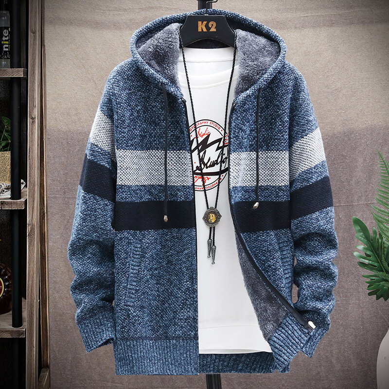 Cárdigan a rayas para hombre, suéter de lana con capucha, ropa Harajuku, cortavientos informal japonés, chaqueta coreana, Invierno