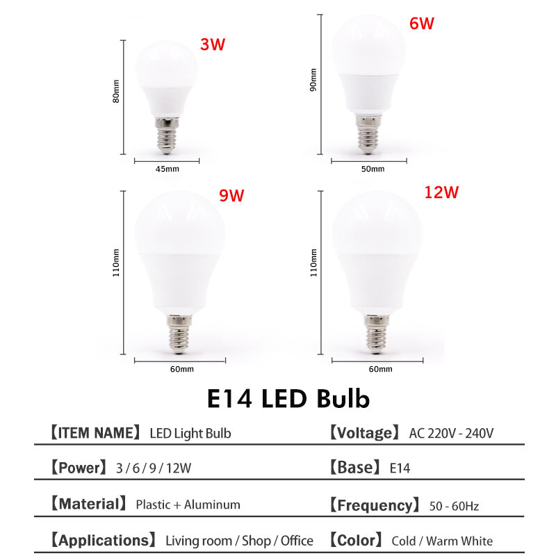 Светодиодсветильник лампа E14 SMD2835 для гостиной, лампочка для освещения, холодный и теплый белый свет, 3 Вт, 6 Вт, 9 Вт, 12 Вт