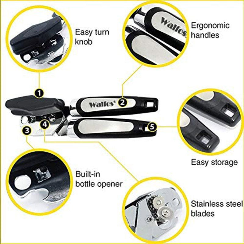WALFOS Stainless Steel Manual Cans Opener Professional Ergonomic Opener For Cans Side Cut Can Opener Manual
