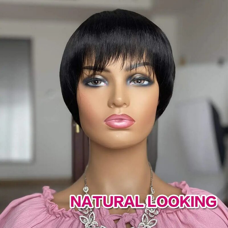Pixie corte perucas de cabelo humano curto peruca com franja reta perruque cheveux humain peruca brasileira para preto feminino barato bob peruca remy