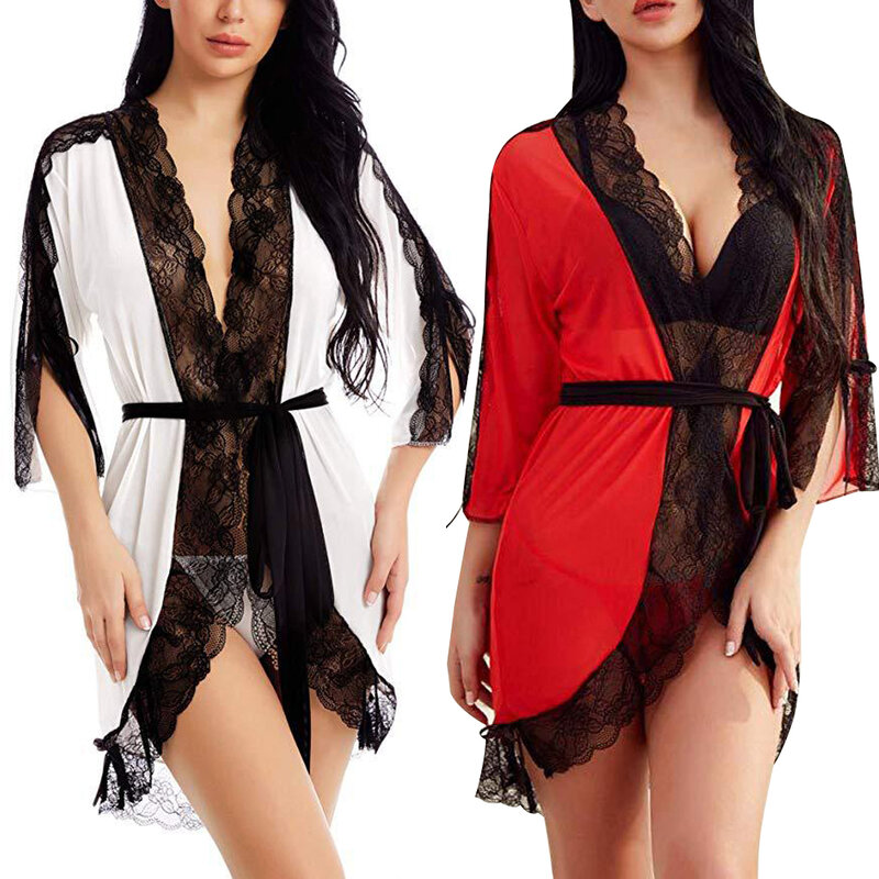 Meu pijama sexy feminino de 2 peças, vestido de noite de manga curta com renda + tanga de cor sólida (branco, vermelho)
