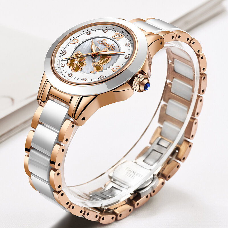 SUNKTA-Reloj de cristal de lujo para mujer, accesorio de pulsera resistente al agua con correa de acero de oro rosa, de marca superior, femenino