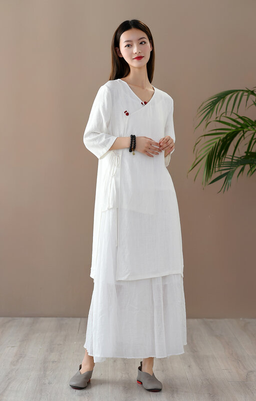 Camisa de estilo chino para mujer, cárdigan largo con botones, blusa nacional literaria retro, diseño inclinado