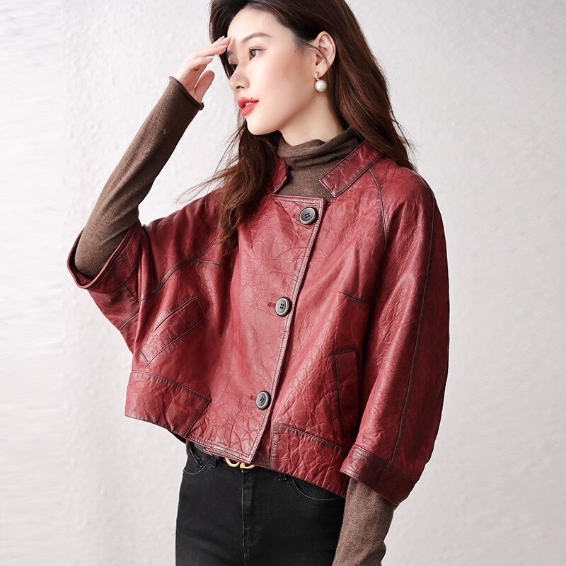 Biker retro jaqueta de couro genuíno feminino coreano curto pele carneiro solto trench coat luxo batwing manga outerwear feminino